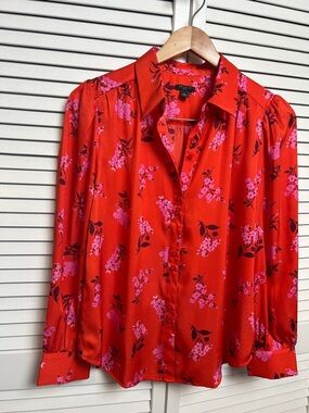 Ann Taylor Red Floral Button-Down Shirt with Pink Blossoms MP